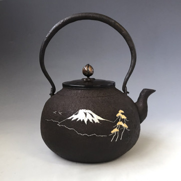  No. hn2973, Iron kettle of Mount-Fuji scenery,  silver and gold inlay iron kettle, made by Tamotsu Hannya