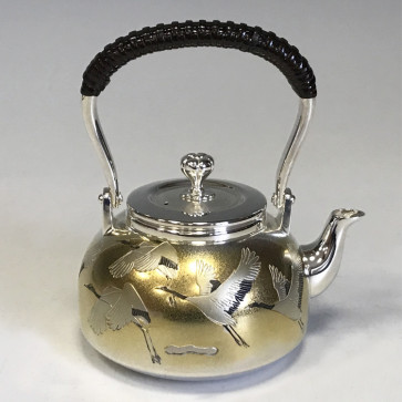 No.obg-n517, silver teapot, flying crane pattern with top handle style, about 0.2L, Mitsunori Oobuchi, pure silver Japanese teapot