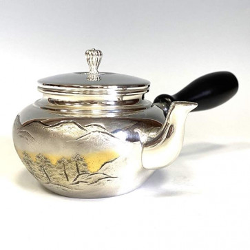 No.obg-n529, silver teapot with mountain landscape pattern, Mitsunori Oobuchi, approximately 0.2L, pure silver teapot