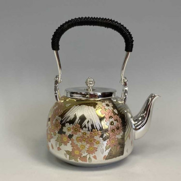 No.obg-n703, silver teapot with Fuji mount and cherry blossom engrave, nearly 0.4L, Mitsunori Oobuchi, pure silver teapot