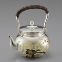 No.obg-n054, siver teakettle, pine, bamboo and plum pattern, about 0.9L, Mitsunori Oobuchi, pure silver tea kettle