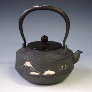 No.tb23, Iron kettle (teakettle) , lines background, body inlays Mount Fuji scenery, Made by Masamitsu Kikuchi