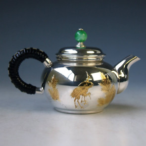 No.uk115hk, Silver teapot with jade knob, body engraves Mount Fuji  with crane (small), about 0.1L