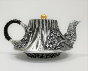 No.obg-n722, silver teapot with Fuji-mount landscape, approximately 0.2L, silver teapot, Mitsunori Oobuchi