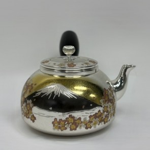 No.obg-n717, silver teapot with Fuji-mount cherry blossom landscape, about 0.2L, Mitsunori Oobuchi, pure silver teapot