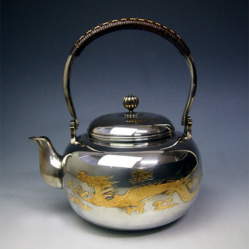 yw103, 纯银 银壶 云龙纹雕金 约2.3L, 烧水 银壶 