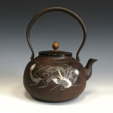 hn2974,般若保造 云龙、虎竹金银镶嵌铁壶 约1.5L