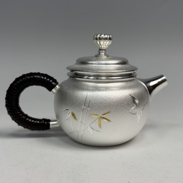 ogk-002, 纯银 泡茶壶 翠竹飞鸟雕刻  约0.1L 银壶 