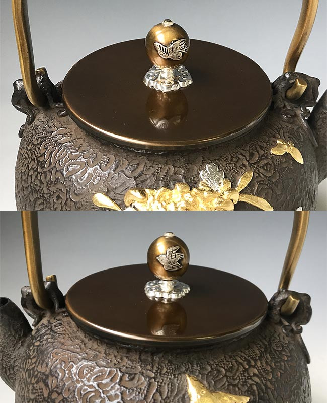 tb187, 龟文堂模本菊花纹铁壶本体贴金摘手和摘镶银座：银约1.5L 铁壶