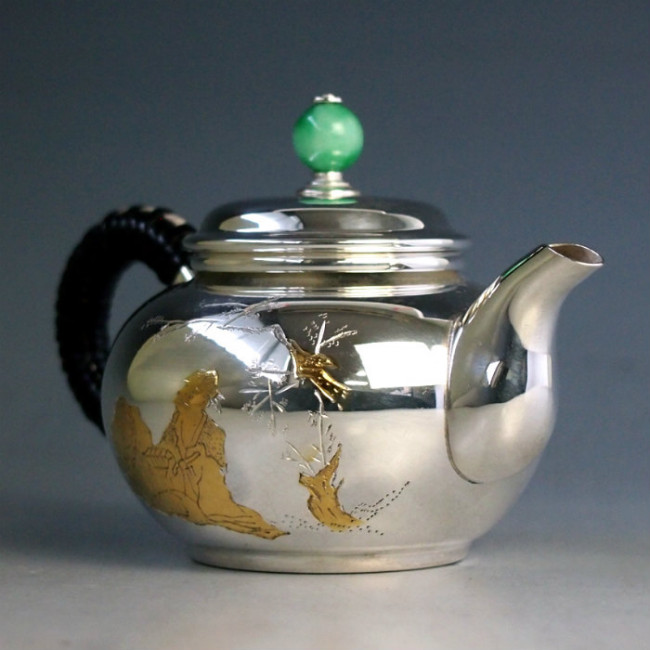 uk114hk, 纯银泡茶壶古贤人雕金（小）翡翠摘约0.1L 银壶