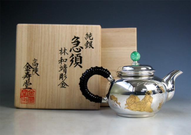 uk114hk, 纯银泡茶壶古贤人雕金（小）翡翠摘约0.1L 银壶