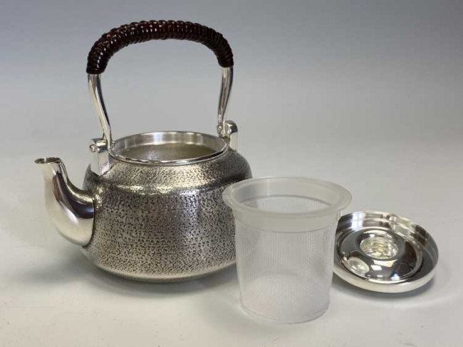 obg-n001, 大渊银器作纯银泡茶壶末广形提手把约0.2L 银壶