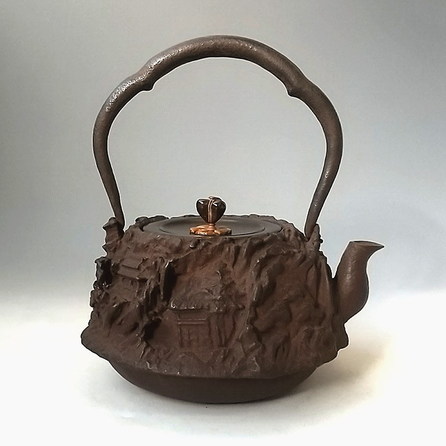 珍品　上田照房 山水山家曳舟盛上鉄瓶　茶道具 hn2740-1.jpg