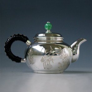 uk115h 纯银 泡茶壶 富士山 鹤雕金（小）翡翠摘 约0.1L 银壶 