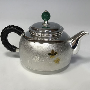 ogk-06793, 纯银 泡茶壶 樱花雕刻镀金  约0.2L 银壶 