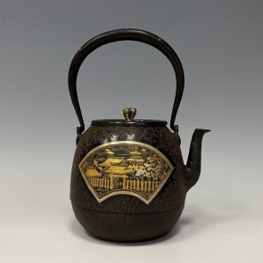 tb253, 龙文堂模本 枣形 京风景金银镶嵌铁壶 提手银镶嵌 约1.3L 铁壶