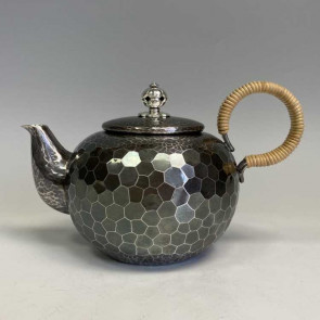 ukta1, 松荣堂 石高和弘作  圆形 石子纹 约0.3L  纯银保证 银壶