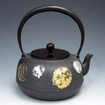 tb41, 麒龍堂 圓花鐵壺 花貼金箔 銀箔  約 1.6L, 鐵壺