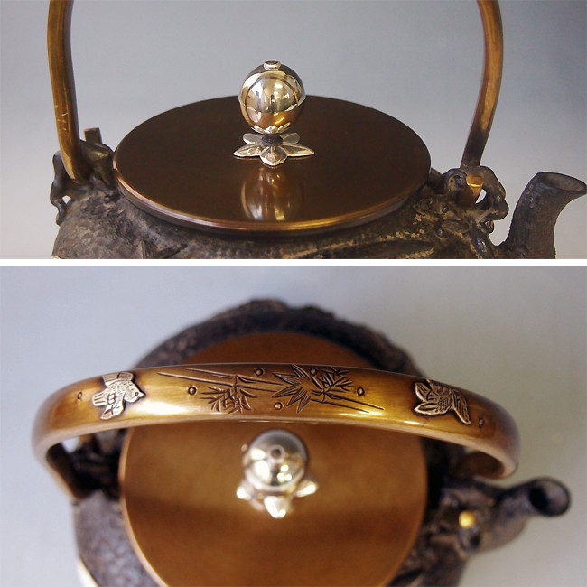 tb125, 龜文堂模本蘭蟹鐵壺壺身鑲嵌金銀、座：銀、 約1.7L, 鐵壺