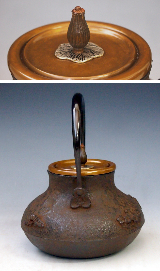 tb163, 龍泉堂造鶴首四君子圖銀摘座約1.1L 鐵壺