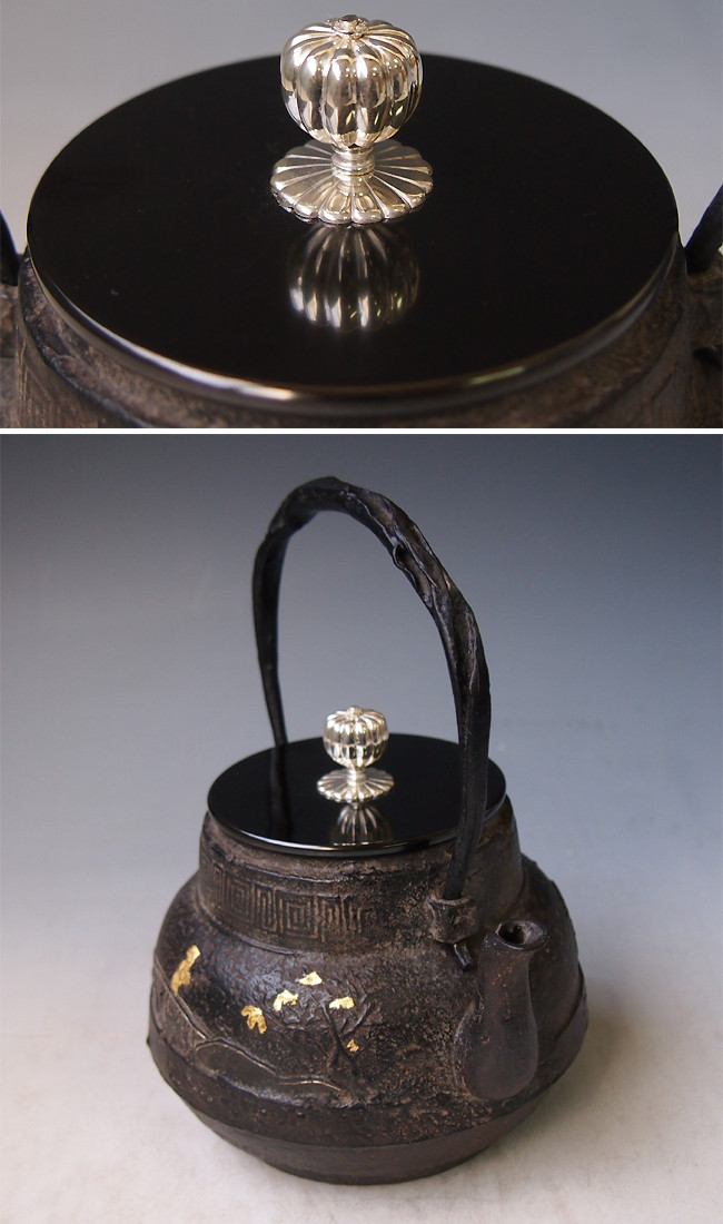 tb185, 龍文堂模本溪山清眺鐵壺壺身銀鑲嵌摘手和座：銀約1.2L 鐵壺