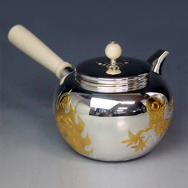 yk101 純銀橫手把泡茶壺紅葉皇冠圖(大） 象牙摘約0.2L 銀壺