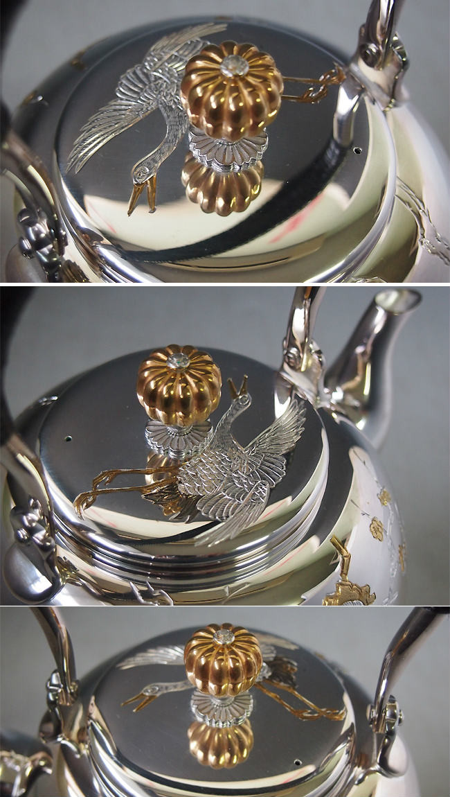 yw105, 純銀製燒水壺亮面壽仙和仙鶴雕金（小） 純銀保證約1.0L 銀壺