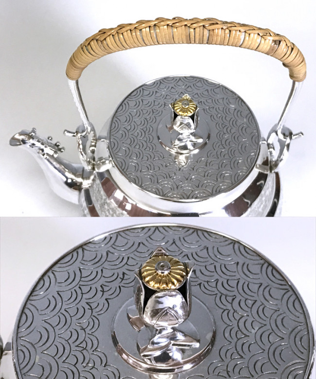 yw21, 純銀銀壺鳥口蓬萊形岩石肌理帶響片約1.4L 伊藤一政堂作