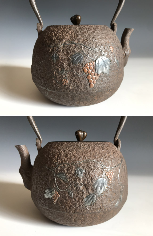 hn2743, 般若勘溪作葡萄圖鑲嵌寶珠形鐵壺約1.2L，鐵壺