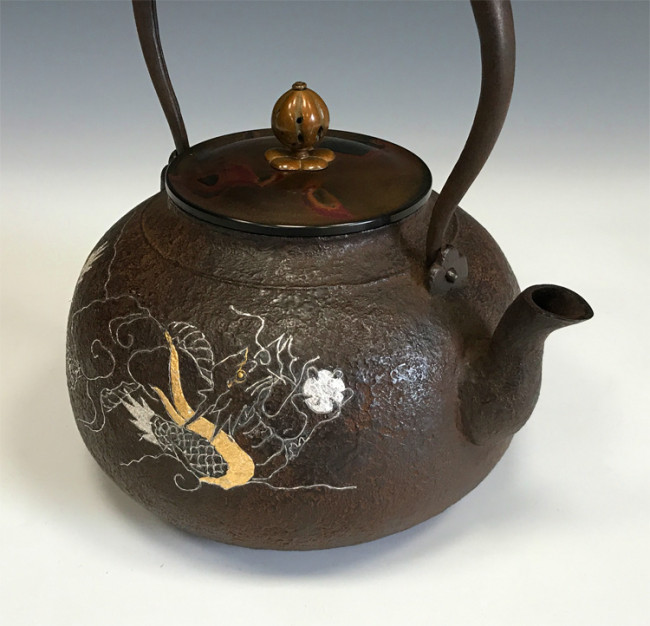 hn2974,般若保造雲龍、虎竹金銀鑲嵌鐵壺約1.5L