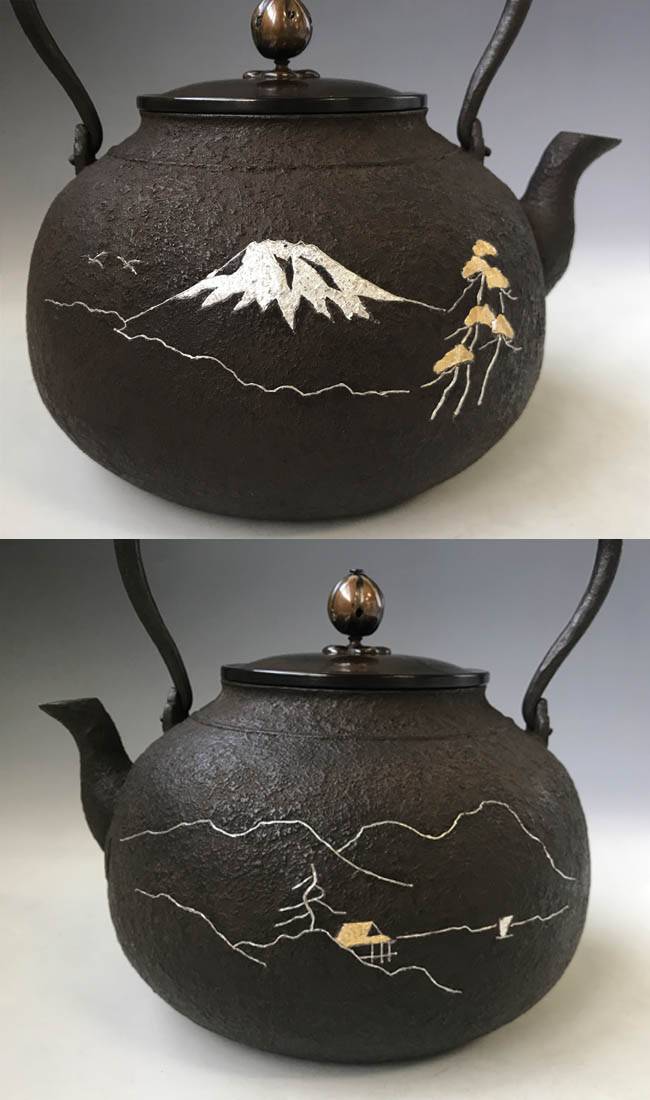 hn2973,般若保造富士山水金銀鑲嵌鐵壺約1.5L