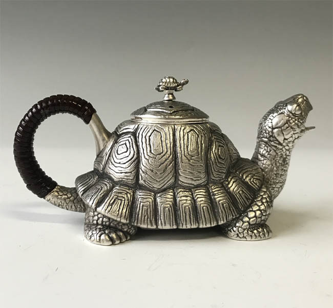 obg-n503, 大淵光則長壽龜純銀泡茶壺帶擦銀布小木箱純銀銀壺