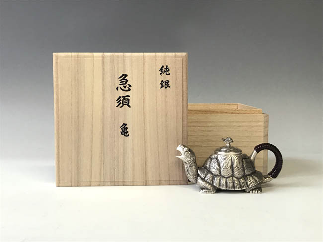 obg-n503, 大淵光則長壽龜純銀泡茶壺帶擦銀布小木箱純銀銀壺