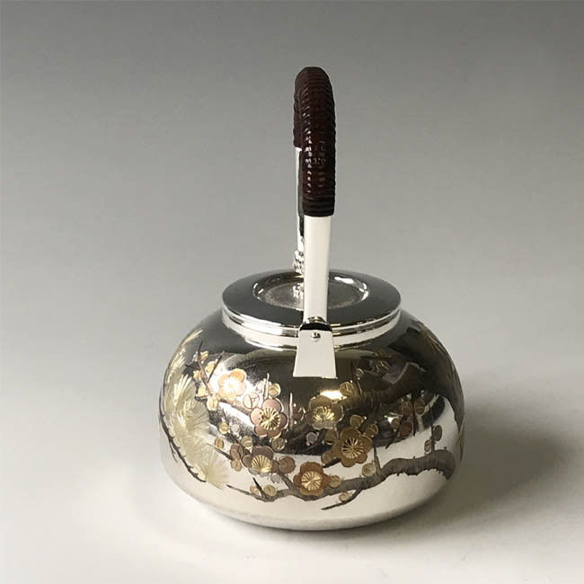 obg-n506, 大淵光則松竹梅純銀銀壺約0.9L 帶擦銀布小木箱純銀燒水壺