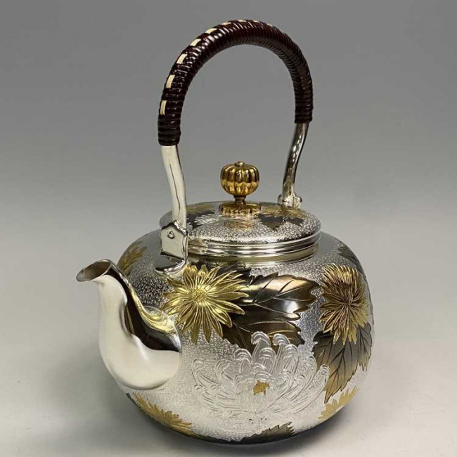 yw101, 純銀銀壺菊花雕金（大） 約1.2L 銀壺