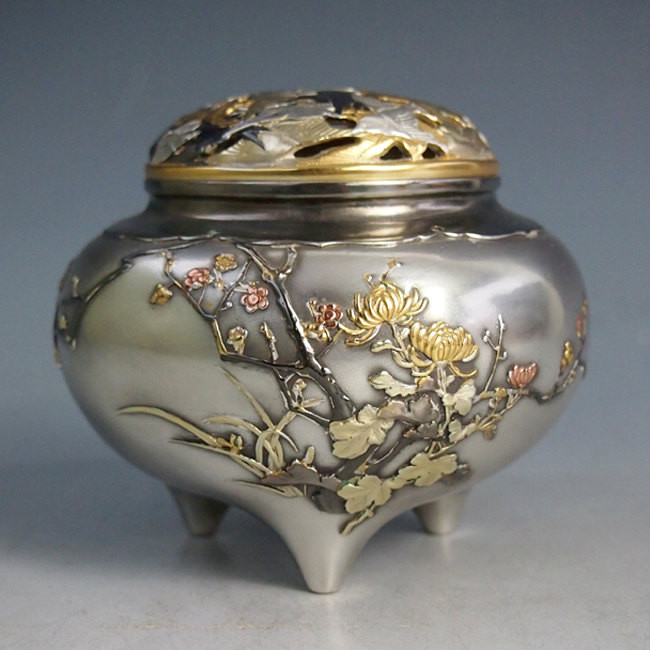 金、銀香炉 sk38-06-s，銀香爐四君子圖