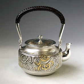 obg-n027, 大淵光則 純銀銀壺 飛龍雕金圖 約0.4L 純銀 銀瓶